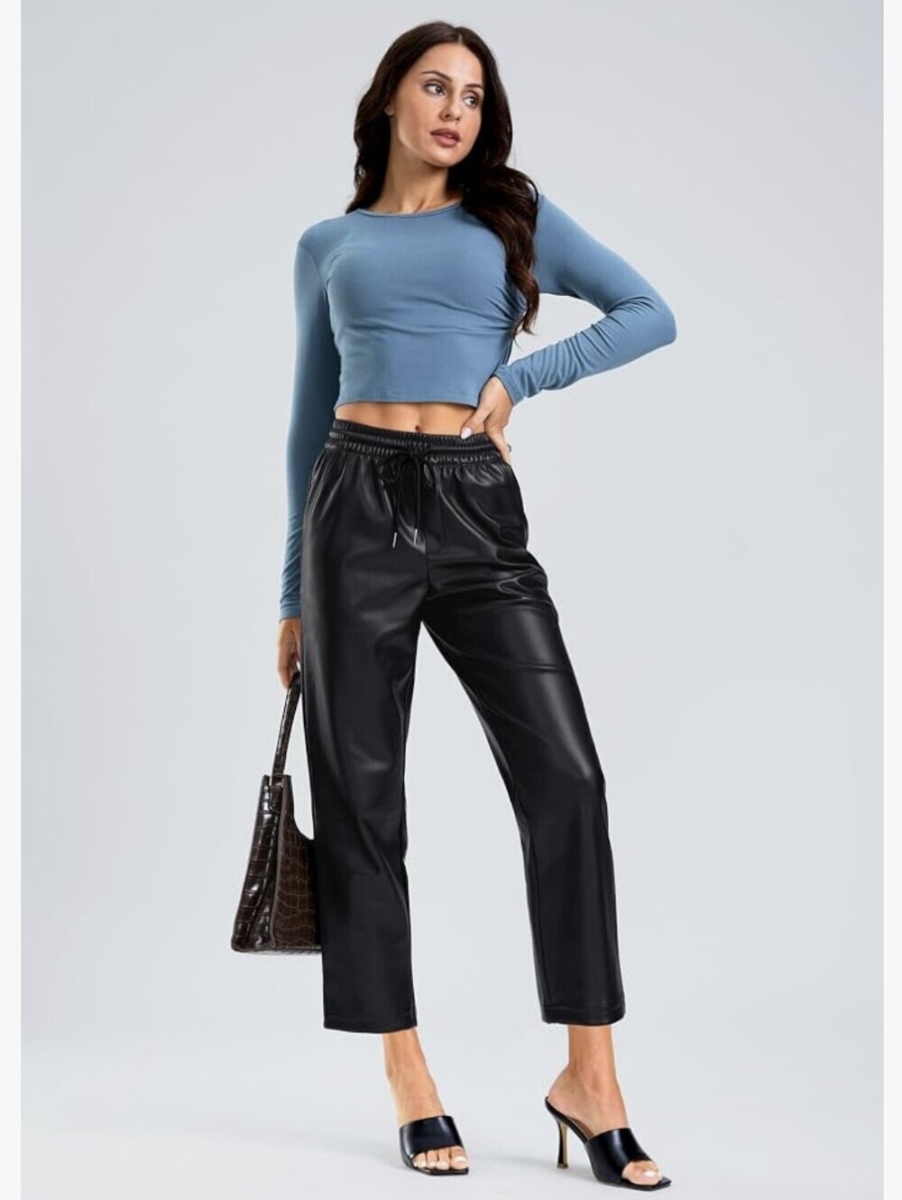 New Faux Vegan Leather High-Waist Straight Leg Ankle Pants